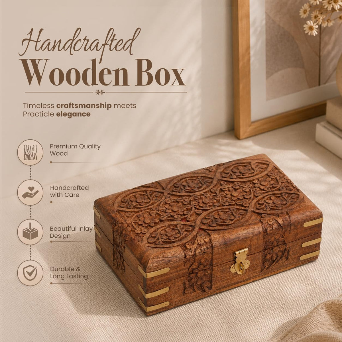 Ajuny Wooden Jewellery Box 8 x 5 Inch Floral Carved Keepsake Chest