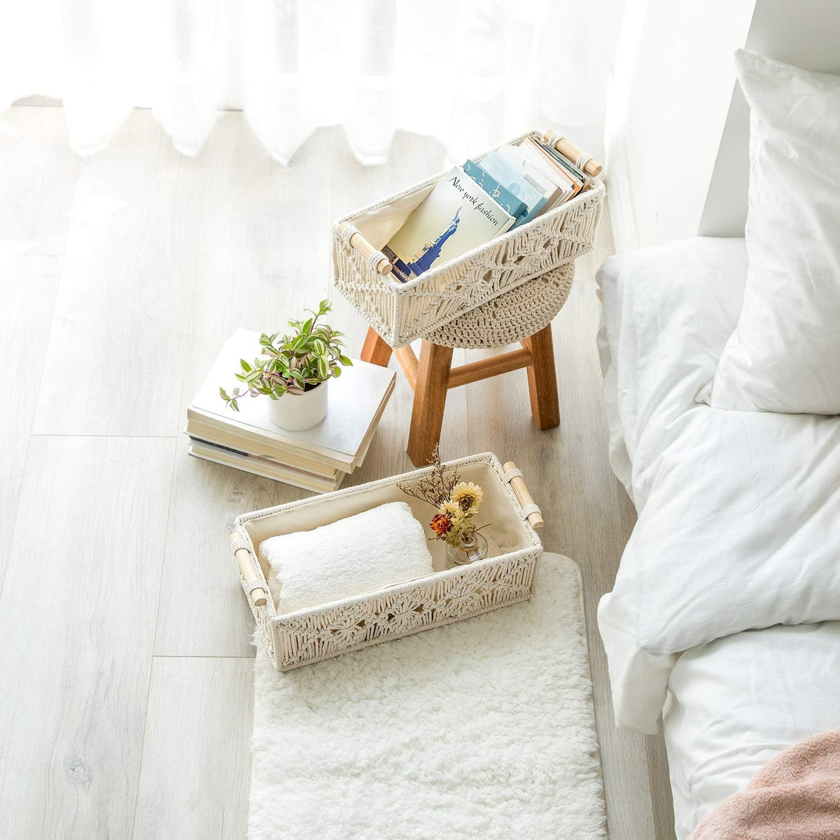 Mkono Macrame Storage Baskets Decor Box Handmade Woven Decorative Countertop Toilet Tank Shelf Cabinet Organizer Boho Decor for Bedroom Nursery Livingroom, Set of 2