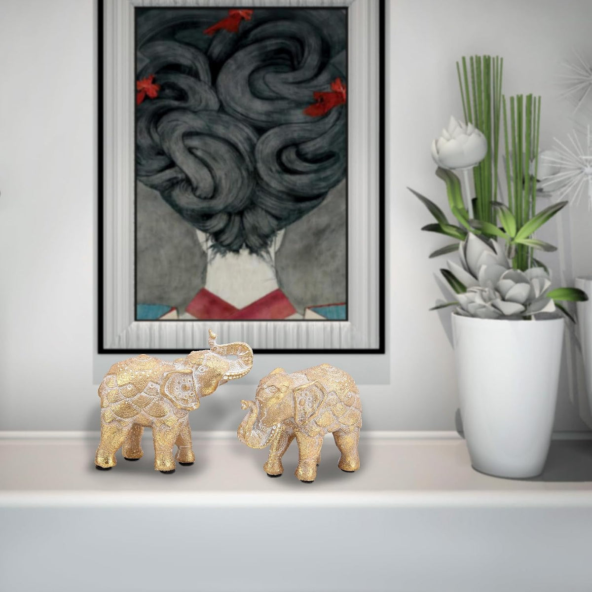 Smadeer Set of 2 Gold Elephant Ornaments for Home Decor - Trunk Up Statues for Luck & Prosperity - Resin African Elephant Figurines for Shelf & Sideboard - Anti-Scratch Soft Pads - Gift for Her