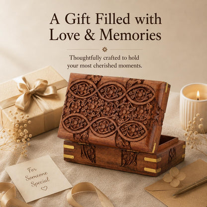 Ajuny Wooden Jewellery Box 8 x 5 Inch Floral Carved Keepsake Chest