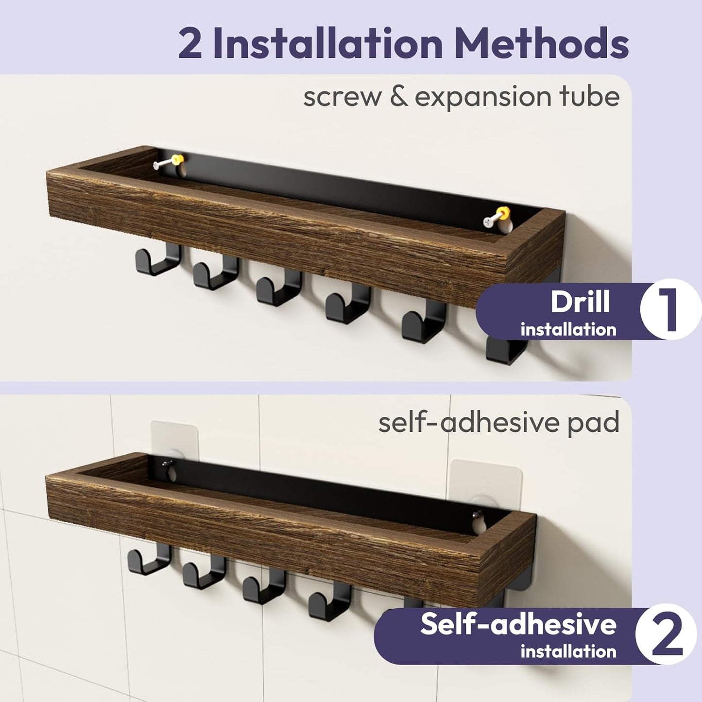 Key Holder with Wood Tray and 6 Hooks