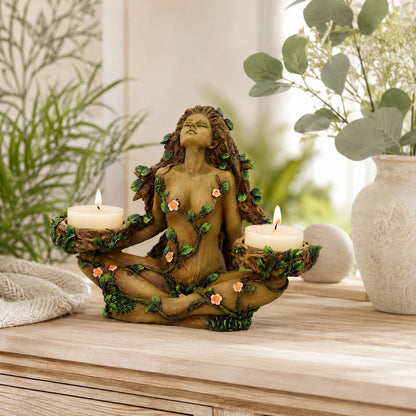Balance of Nature Tree Spirit Double Tealight Holder 19cm, Brown | Hand-Painted Tree Spirit Candle Holder for Two Tealights
