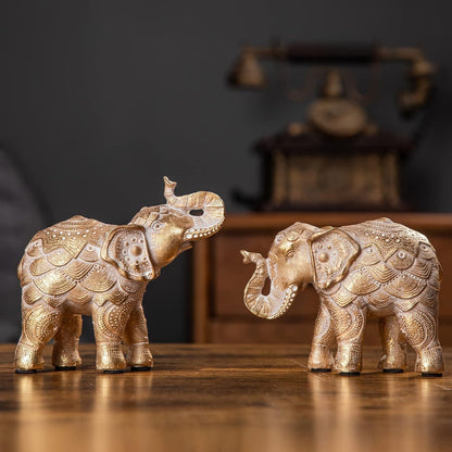 Smadeer Set of 2 Gold Elephant Ornaments for Home Decor - Trunk Up Statues for Luck & Prosperity - Resin African Elephant Figurines for Shelf & Sideboard - Anti-Scratch Soft Pads - Gift for Her