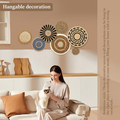 Alongen Boho Wall Basket Decor Set of 7, Wall Hanging Wicker Basket Rattan Wall Decor Round,Handmade Macrame Hanging Woven Baskets for Living Room Bedroom Dining Room Office