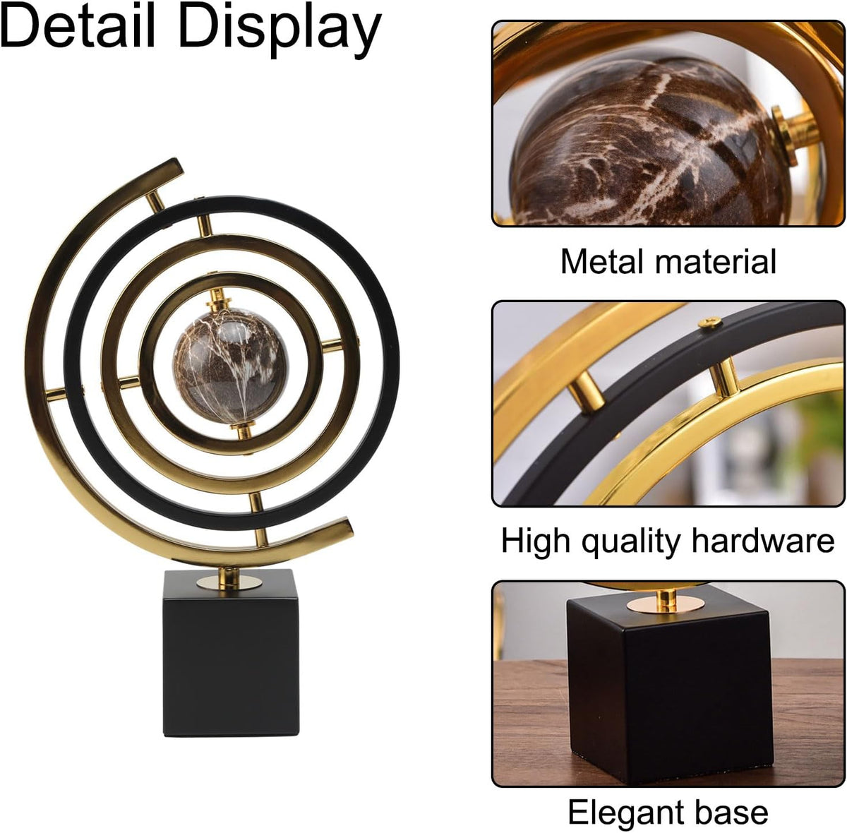 Modern Sculpture Decor, Abstract Art Metal Globe Ornament for Desk Office | Rotating Desktop Globe for Geographic Home Table Decoration Adult Decorative Book Shelf with Rectangle Stand, Black & Gold