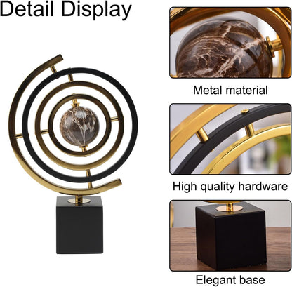Modern Sculpture Decor, Abstract Art Metal Globe Ornament for Desk Office | Rotating Desktop Globe for Geographic Home Table Decoration Adult Decorative Book Shelf with Rectangle Stand, Black & Gold