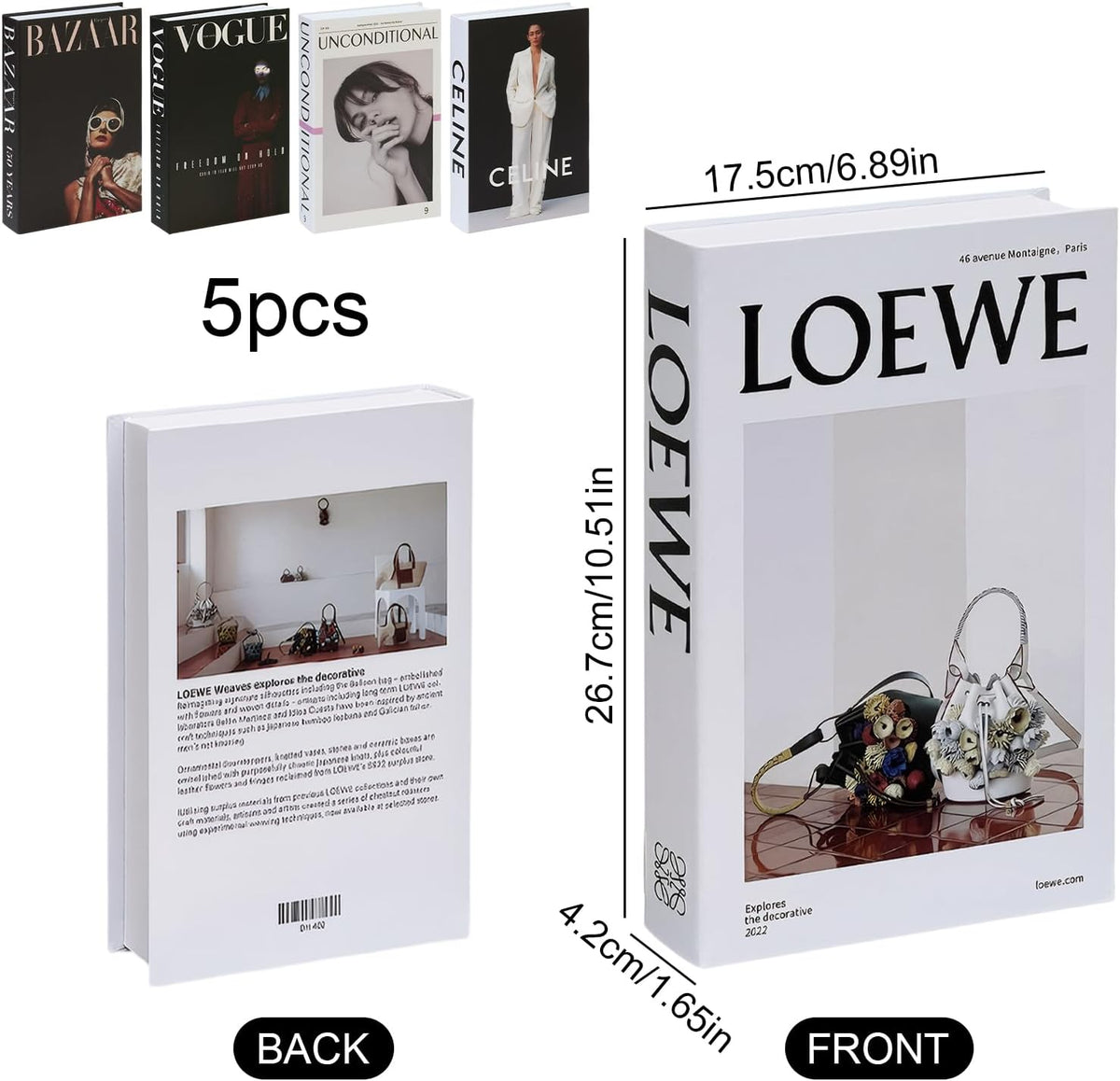 5 PCS Decorative Fake Books Set, Fashion Hardcover Display Books for Home Décor - Foldable Faux Book for Coffee Table, Bookshelf, Office - Stacked Modern Decorative Book Set (B)