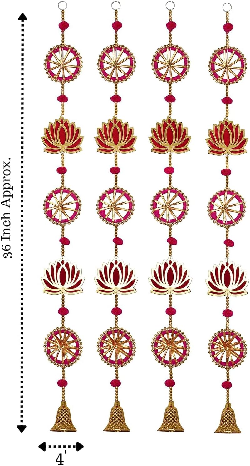 ZIG ZAG Pack of 4 Handmade Lotus Wall & Door Hangings with Bell –, Ideal for Home, Diwali, Pooja, Wedding & Festival Decor (36 Inches, Pink)
