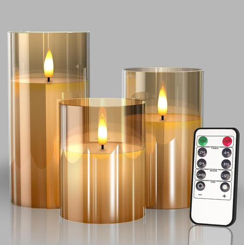 Glass Gold Real Wax LED Candles Flickering with Remote & Timer - Fake Candles Flickering Light, Battery Candles Set of 3, Festival, Room Decor, Home Decor [Energy Class A]