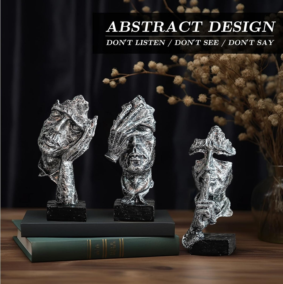 3 Pcs Thinker Statue, Silent Abstract Art Figurine, Modern Home Resin Decor for Desk/Bookshelf, No Hear No See No Speak Knick Knacks