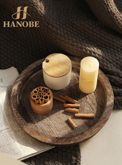 Hanobe Wooden Candle Holder Tray Round Decorative Trays for Coffee Table | Farmhouse Decor, Rustic Candle Plate for Pillar Candle, Paulownia Wood Tray for Table Centrepiece