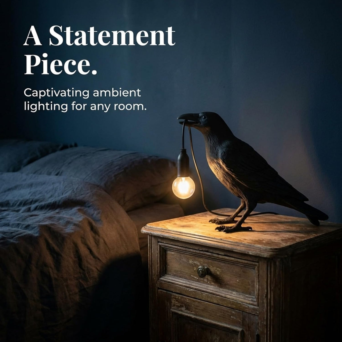 Black Bird Table Lamps Resin Crow Desk Lamp with Bulb E27 Base Modern Raven Art Deco Bedside Decor 3 Pin Plug in Cord Table Lamps for Bedroom, Office, College Dorm [Energy Class A]