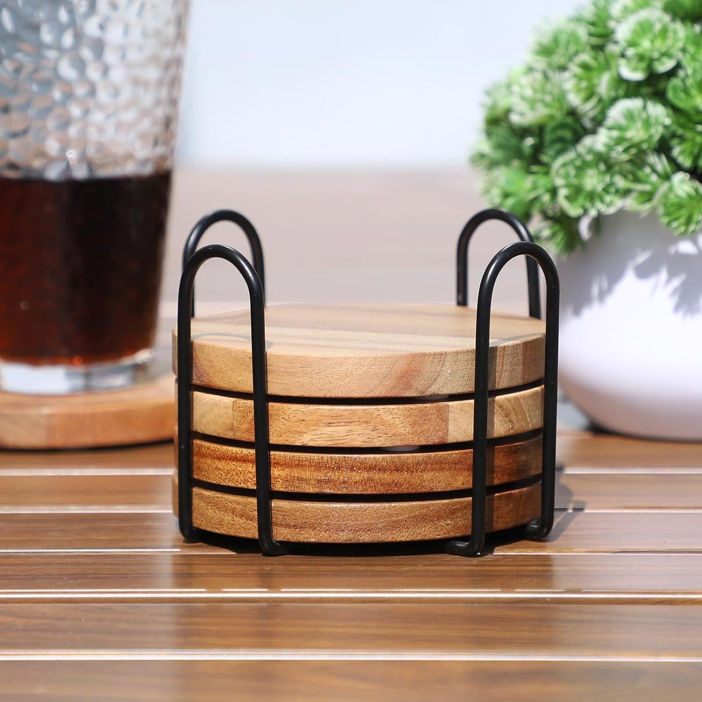 Acacia Wood Coasters Set of 6 with Holder