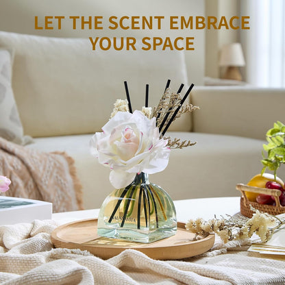 Reed Diffuser Set Jasmine Lily Scent 250ml for 140 Days | Flower Diffusers with 10 Sticks & Rose Flowers Decor, Home Fragrance Air Freshener Long Lasting for Bedroom Bathroom,Office