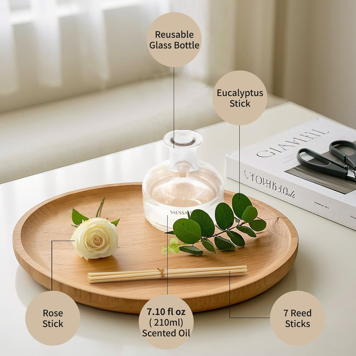Reed Diffusers Set, 210 ml White Flower Scented Lasts up to 120 Days | Flower Diffuser with 7 Sticks, Home Fragrance for Bathroom Bedroom Living Room Decor, Air Fresheners