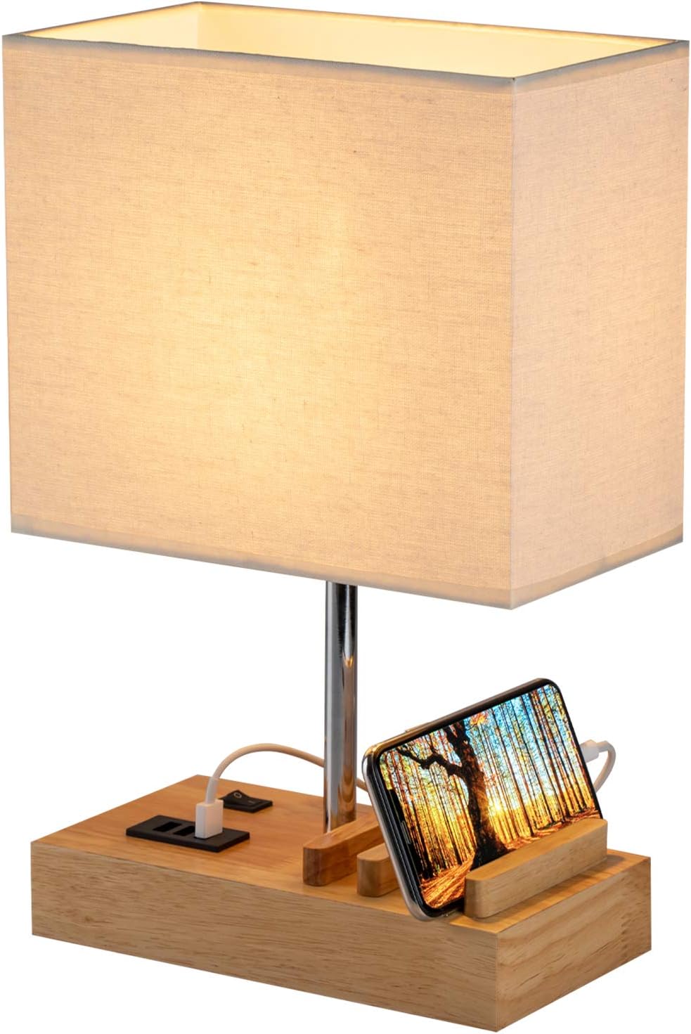 USB Bedside Table Lamp, HHome Plus Desk Lamp with 3 USB Charging Ports and Phone Charge Dock, Wood Charging Station and Organizer, Perfect Light for Bedroom, Guest Room, Living Room, Office