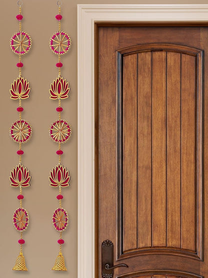 ZIG ZAG Pack of 4 Handmade Lotus Wall & Door Hangings with Bell –, Ideal for Home, Diwali, Pooja, Wedding & Festival Decor (36 Inches, Pink)