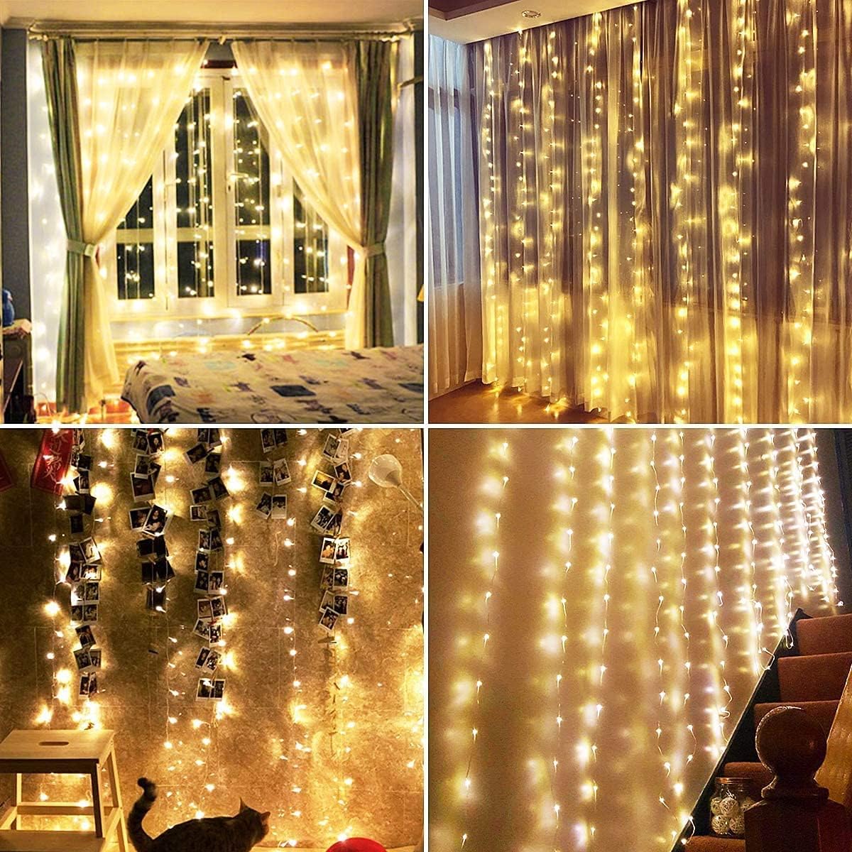 LED Window Curtain Fairy Twinkle Lights, 3mx3m 300leds USB Operated 8 Modes Icicle String Lights with Remote & Timer for Indoor Xmas Party Home Garden Decoration(Warm White) [Energy Class A++]