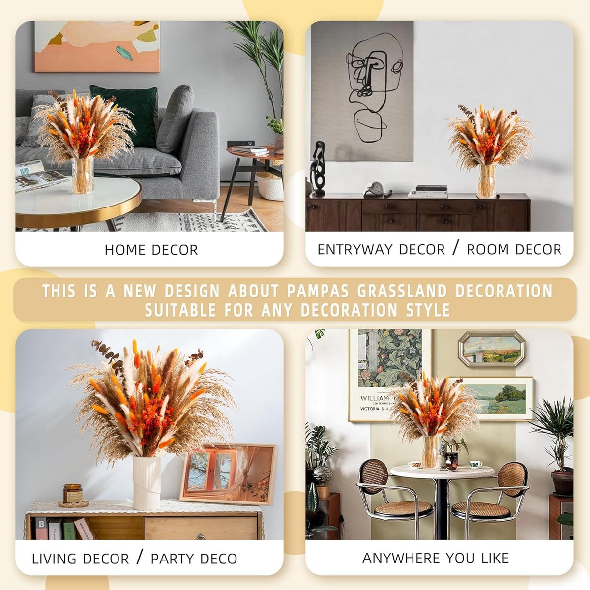 80pcs Dried Pampas Grass Bouquet Rustic Boho Floral Arrangement with Orange Accents Fall Wedding and Home Decor for Living Room Bedroom Office(17inch)