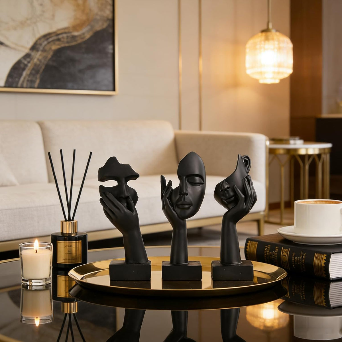 Black Home Decoration Accent Art Woman Face Statue Collectible Statue for Modern Home Living Room Bookshelf Black Desk Decor 3 Piece Set