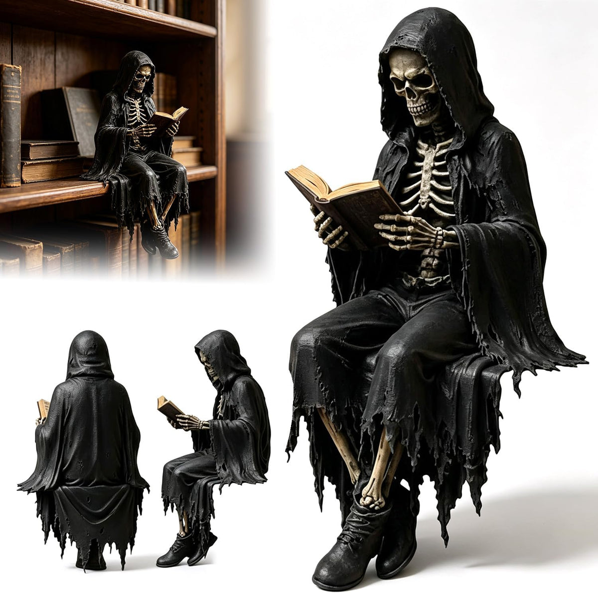 Gothic Dark Fantasy Sitting Reaper Reading Book Sculpture