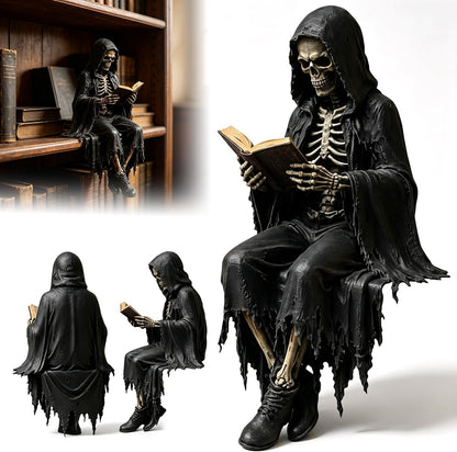 Gothic Dark Fantasy Sitting Reaper Reading Book Sculpture