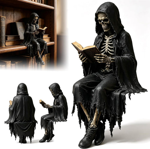Gothic Dark Fantasy Sitting Reaper Reading Book Sculpture