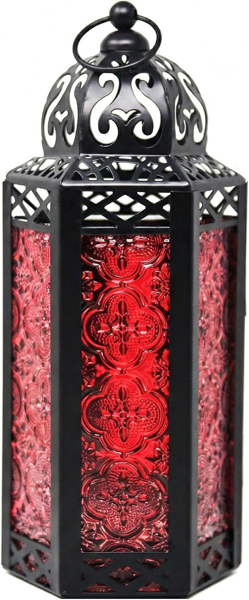 VELA LANTERNS Moroccan Candle Lantern Decorative Candle Holder Lamp for Indoor Outdoor, Ramadan, Home Decor, Patio, Weddings, Black Metal, Red Glass, Medium Lantern