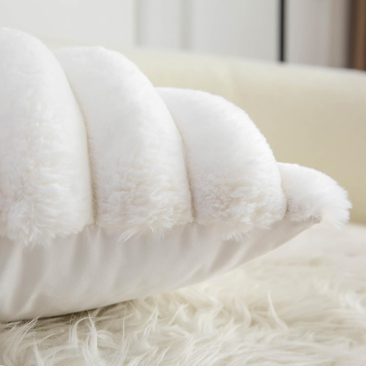 Neelvin Cream White Faux Fur Cozy Soft Striped Decorative Throw Pillow Covers 16x16 inch（40x40cm） Set of 2,Velvet Pillowcase Cushion Case for Sofa Couch