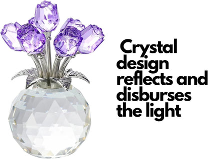 Crystal Purple Rose Bouquet Figurine - Premium Glass Flower Ornament with Gift Box - Perfect for Mother's Day, Birthday, Anniversary, Wedding - Elegant Home Decor, Collectible Gift (13cm tall)