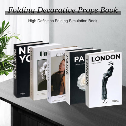 5 PCS Decorative Fake Books Set, Fashion Hardcover Display Books for Home Décor - Foldable Faux Book for Coffee Table, Bookshelf, Office - Stacked Modern Decorative Book Set (B)