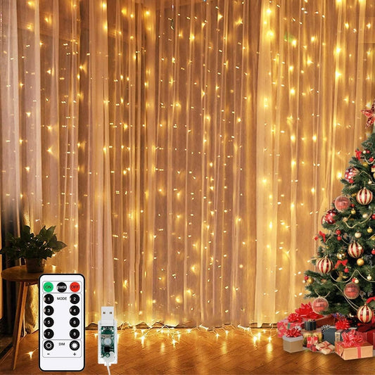LED Window Curtain Fairy Twinkle Lights, 3mx3m 300leds USB Operated 8 Modes Icicle String Lights with Remote & Timer for Indoor Xmas Party Home Garden Decoration(Warm White) [Energy Class A++]