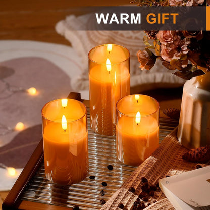 Glass Gold Real Wax LED Candles Flickering with Remote & Timer - Fake Candles Flickering Light, Battery Candles Set of 3, Festival, Room Decor, Home Decor [Energy Class A]