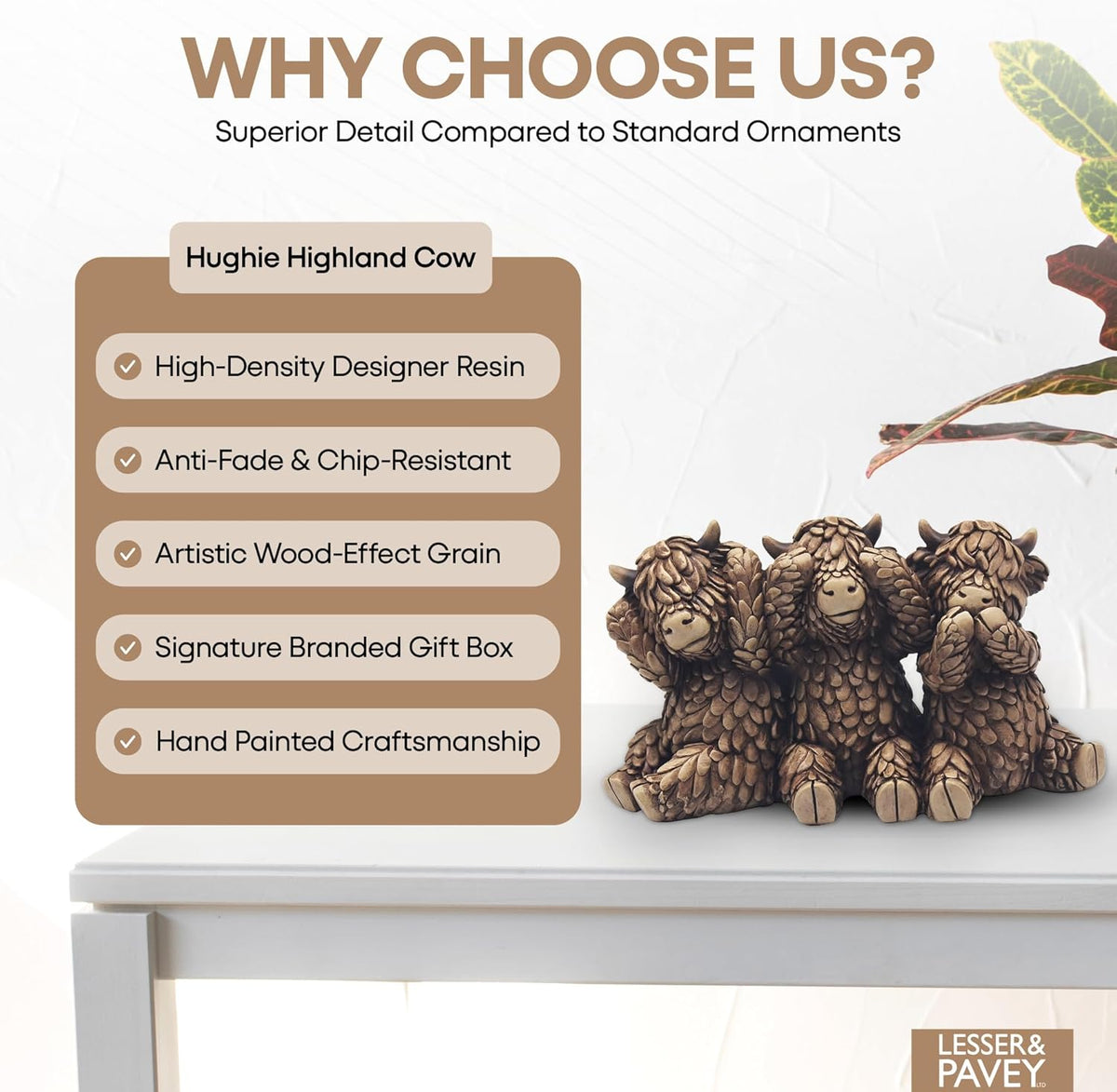 Lesser & Pavey Hughie Highland Cows Figurines Statues For Home Decor | Ideal Ornaments Friendship Gifts For Women & Men | Lovely Table Centerpiece & Living Room Accessories, Brown