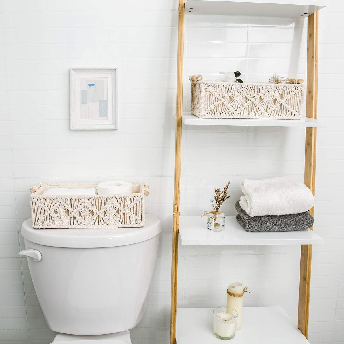 Mkono Macrame Storage Baskets Decor Box Handmade Woven Decorative Countertop Toilet Tank Shelf Cabinet Organizer Boho Decor for Bedroom Nursery Livingroom, Set of 2