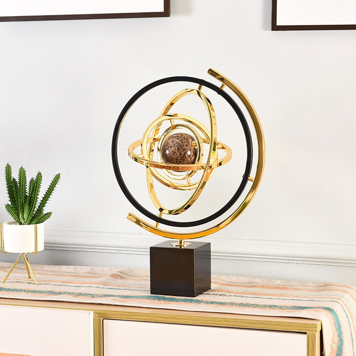 Modern Sculpture Decor, Abstract Art Metal Globe Ornament for Desk Office | Rotating Desktop Globe for Geographic Home Table Decoration Adult Decorative Book Shelf with Rectangle Stand, Black & Gold
