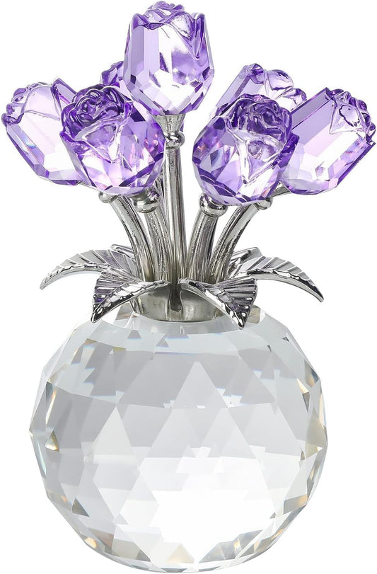 Crystal Purple Rose Bouquet Figurine - Premium Glass Flower Ornament with Gift Box - Perfect for Mother's Day, Birthday, Anniversary, Wedding - Elegant Home Decor, Collectible Gift (13cm tall)