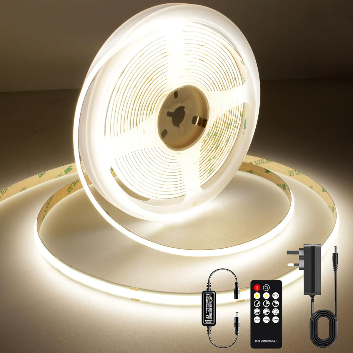 AXMOTUT COB LED Strip Lights 5m, 4000K Natural White Dimmable LED Strip, 1600 LEDs Super Bright DC24V LED Light Strip CRI90+ with RF Remote and UKCA Power Supply for DIY Home Decoration [Energy Class F]