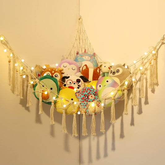 Teddy Storage Toy Hammock for Stuffed Animals with LED Light | Soft Toy Storage Net for Teddy Bears, Large Corner Teddy Hammock for Plush Toys & Cuddly Toys, Kids' Bedroom & Nursery Decor