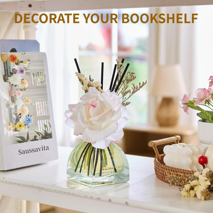 Reed Diffuser Set Jasmine Lily Scent 250ml for 140 Days | Flower Diffusers with 10 Sticks & Rose Flowers Decor, Home Fragrance Air Freshener Long Lasting for Bedroom Bathroom,Office