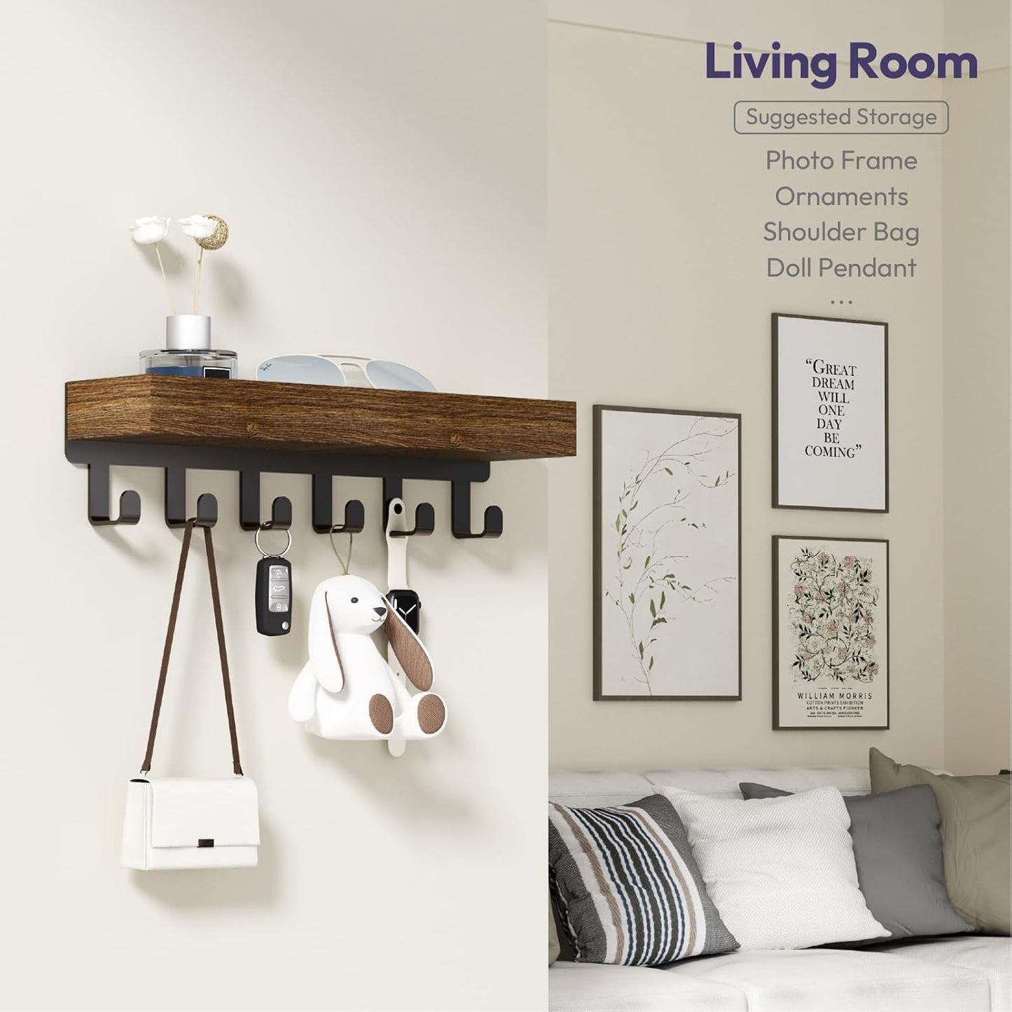 Key Holder with Wood Tray and 6 Hooks