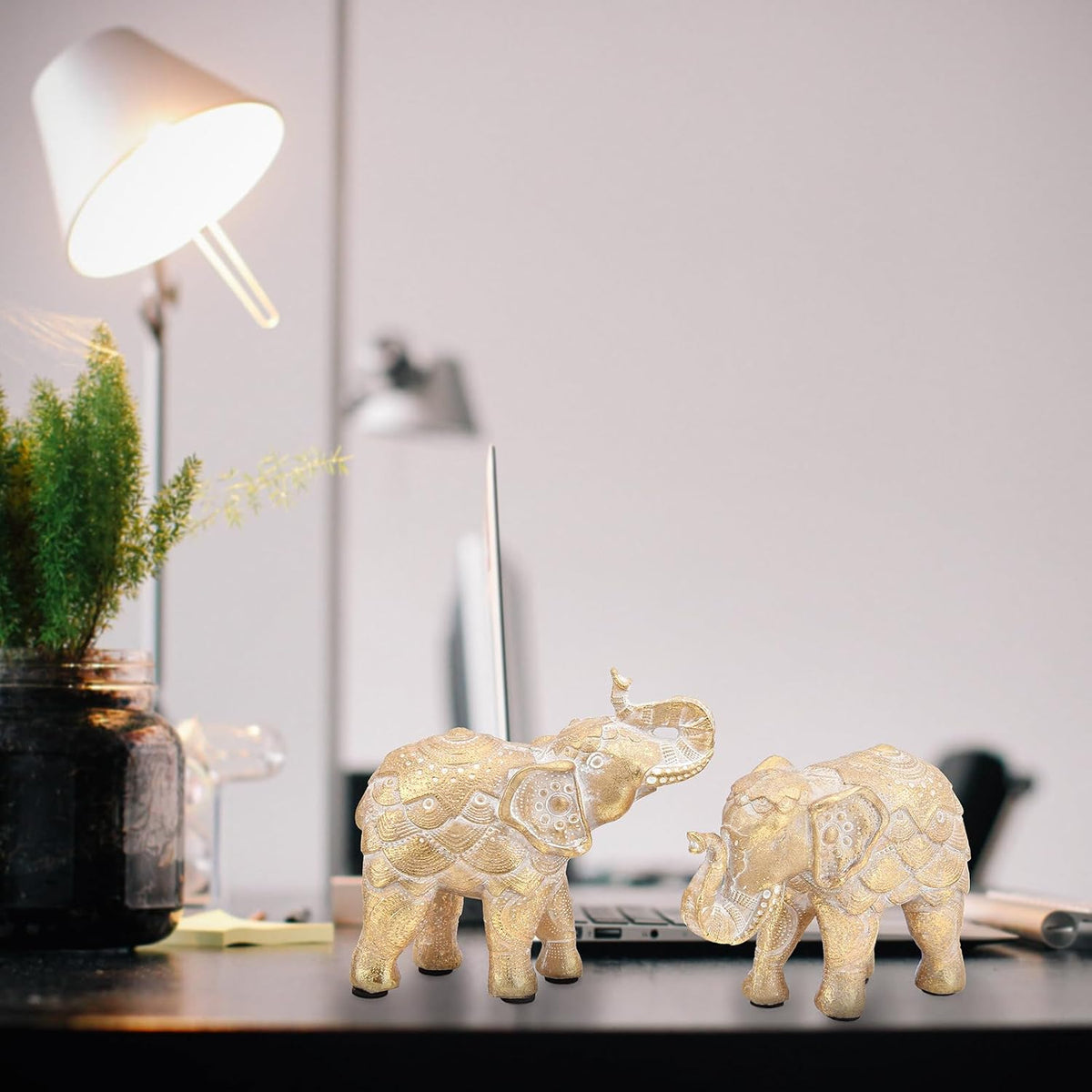 Smadeer Set of 2 Gold Elephant Ornaments for Home Decor - Trunk Up Statues for Luck & Prosperity - Resin African Elephant Figurines for Shelf & Sideboard - Anti-Scratch Soft Pads - Gift for Her