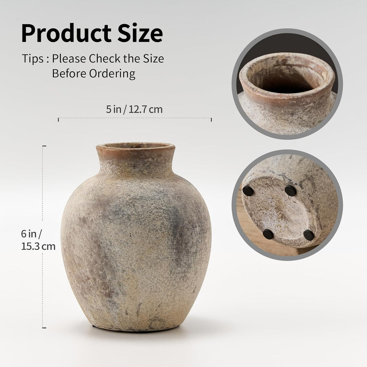 PORCER Ceramic Rustic Farmhouse Flower Vase, 6 Inch Cute Boho for Home Decor, Terracotta for Living Room, Table, Shelf, Mantel Decoration, Farmhouse, Gray