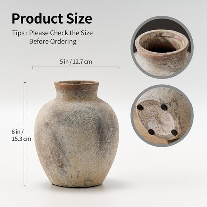 PORCER Ceramic Rustic Farmhouse Flower Vase, 6 Inch Cute Boho for Home Decor, Terracotta for Living Room, Table, Shelf, Mantel Decoration, Farmhouse, Gray