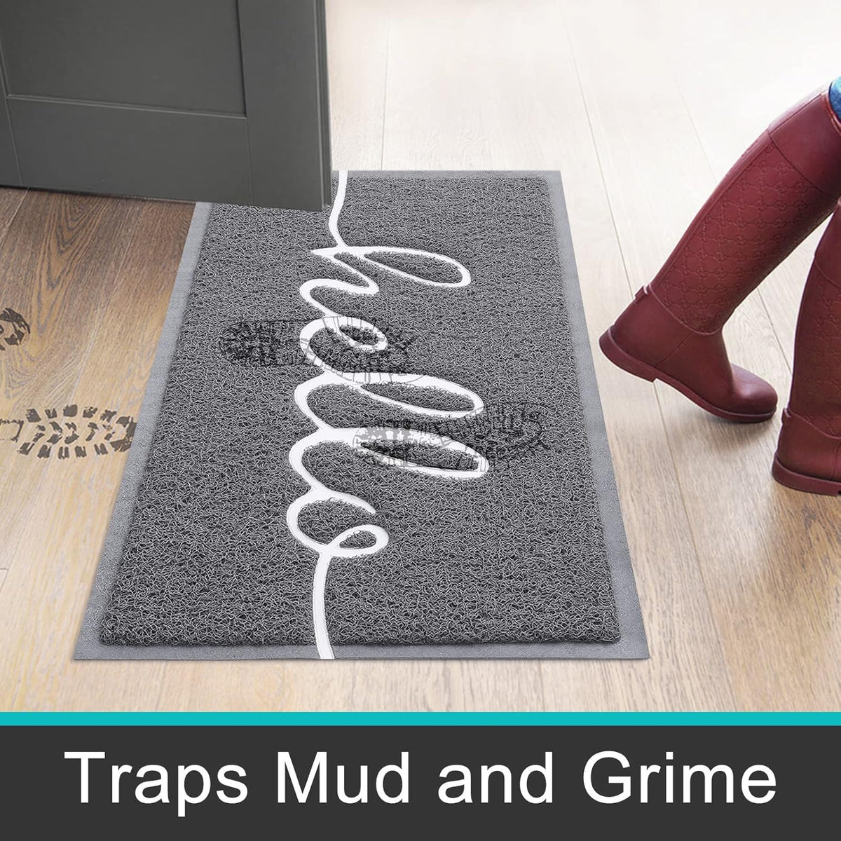 Homaxy Hello Door Mats Indoor, Dirt Trapper Doormats, 40 x 60cm, Grey | Non-Slip, Low Profile, Easy Clean, for Indoor, Entrance, Patio, Front Back Door, Floor mat, Entrance Rug