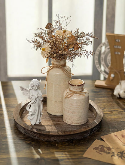 Hanobe Wooden Candle Holder Tray Round Decorative Trays for Coffee Table | Farmhouse Decor, Rustic Candle Plate for Pillar Candle, Paulownia Wood Tray for Table Centrepiece