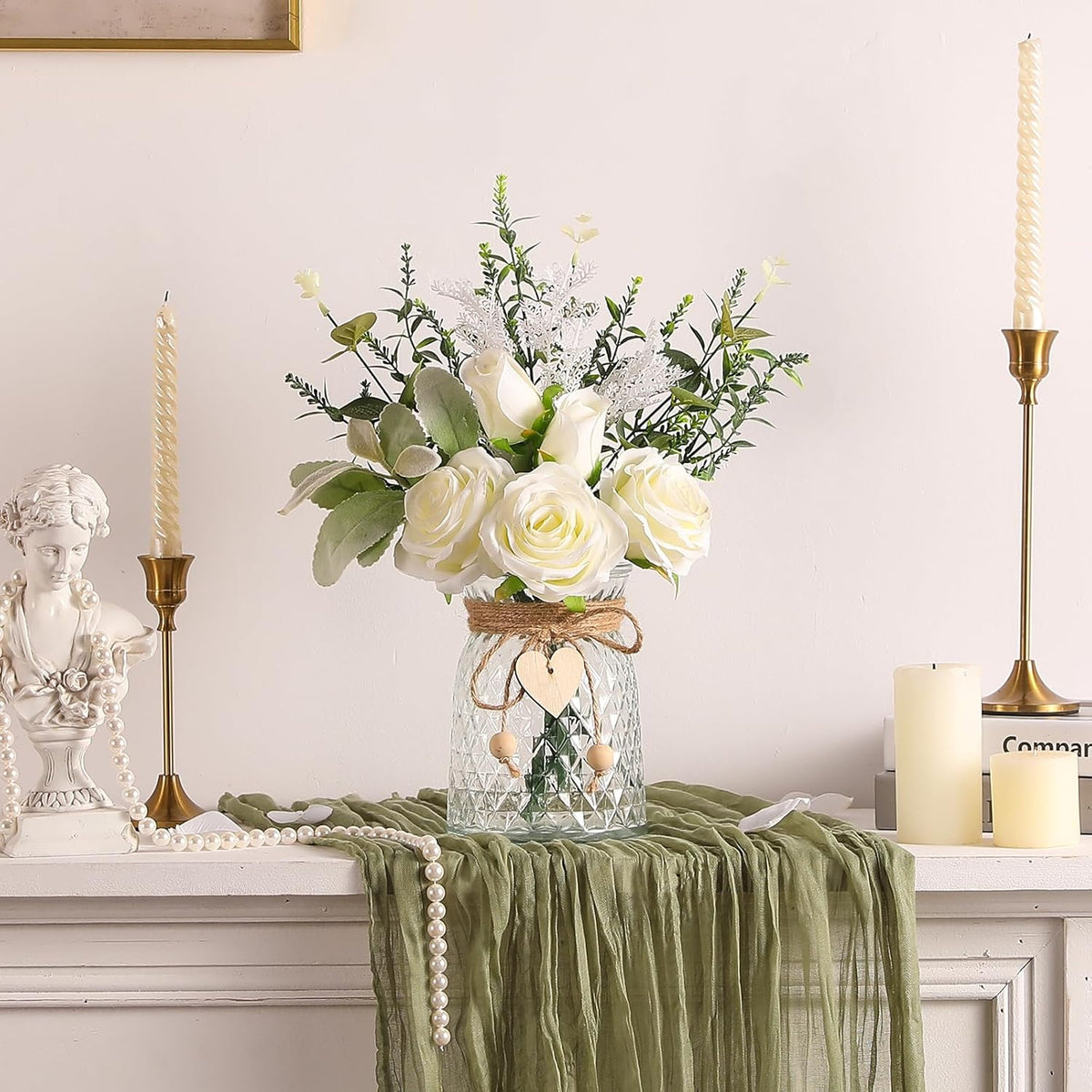 Faux Flowers with Vase Artificial White Rose Flowers in Vase Fake Eucalyptus Plant Floral Arrangement for Table Centerpieces, Home Kitchen Office Coffee Shop Decorations