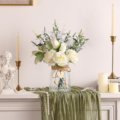 Faux Flowers with Vase Artificial White Rose Flowers in Vase Fake Eucalyptus Plant Floral Arrangement for Table Centerpieces, Home Kitchen Office Coffee Shop Decorations