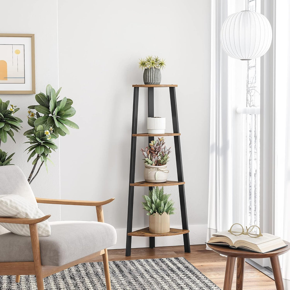 VASAGLE - Corner Shelf Bookcase - 4 Tier Ladder Shelf - Storage Unit, Plant Holder for Living Room - Industrial Style with Steel Frame - Rustic Brown and Black - LLS34X