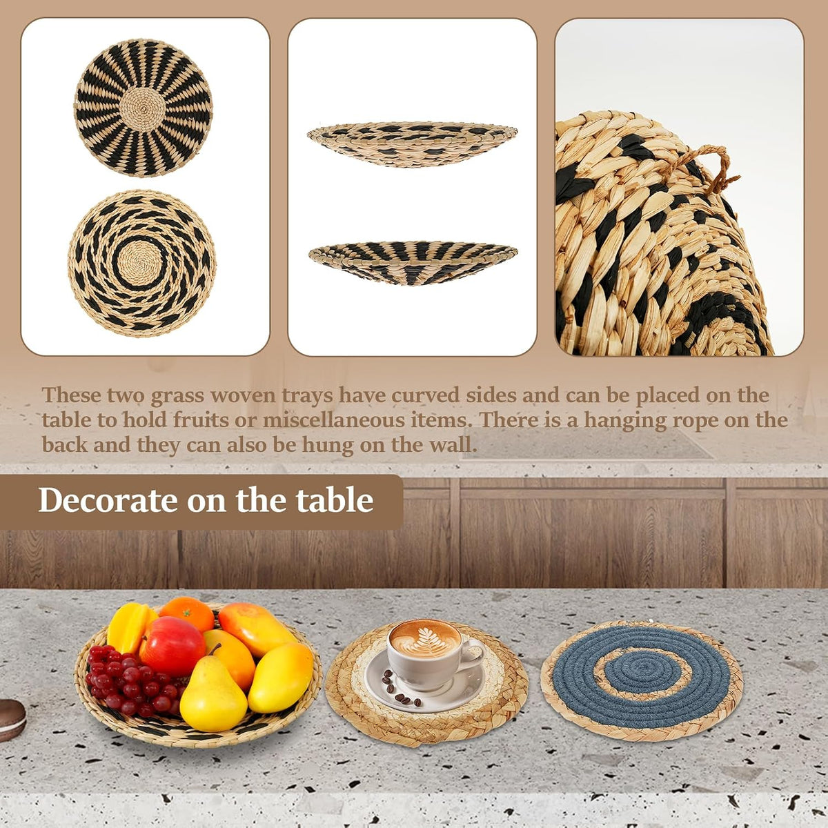 Alongen Boho Wall Basket Decor Set of 7, Wall Hanging Wicker Basket Rattan Wall Decor Round,Handmade Macrame Hanging Woven Baskets for Living Room Bedroom Dining Room Office
